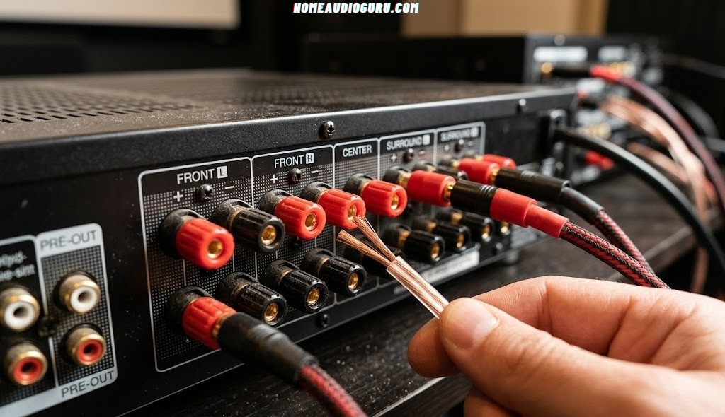 Close up of AV receiver with speaker wire connections