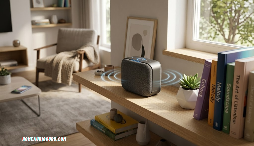 Wireless speaker on a shelf streaming music via Bluetooth