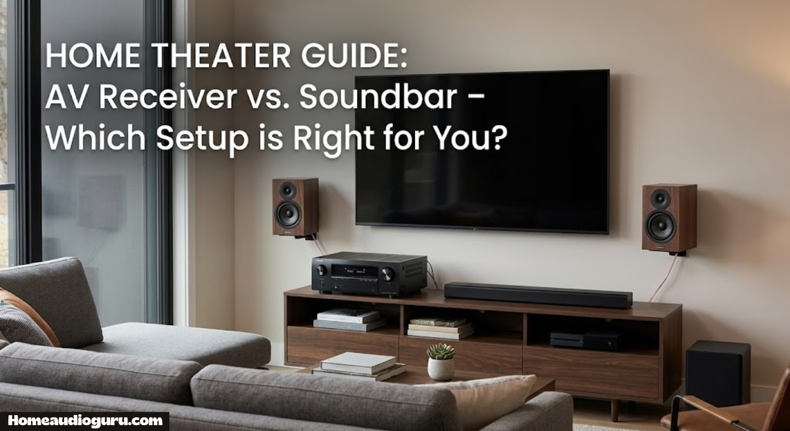 AV receiver and soundbar side by side in a modern living room home theater setup