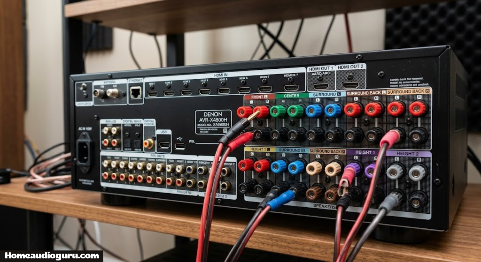 AV receiver back panel showing multiple speaker channel terminals