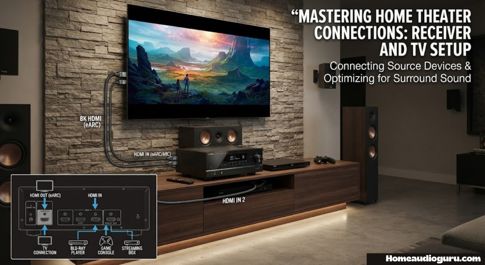 AV receiver connected to a flat screen TV with HDMI cables in a home theater setup