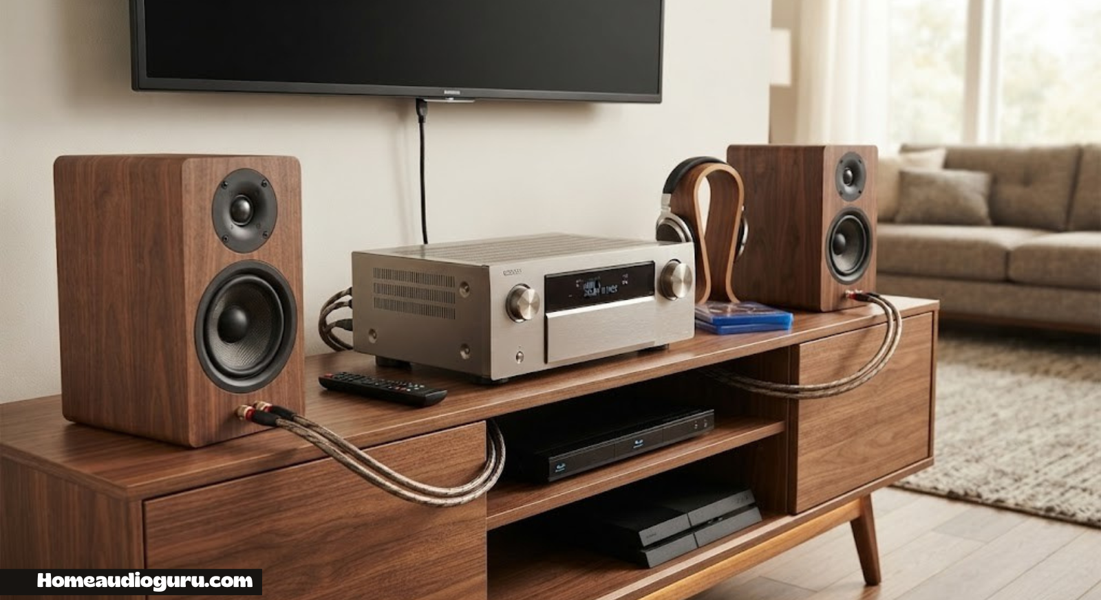 AV receiver connected to bookshelf speakers on a wooden media console