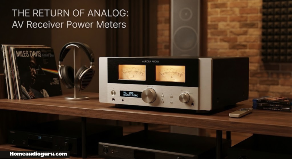 AV receiver with power meters on a shelf