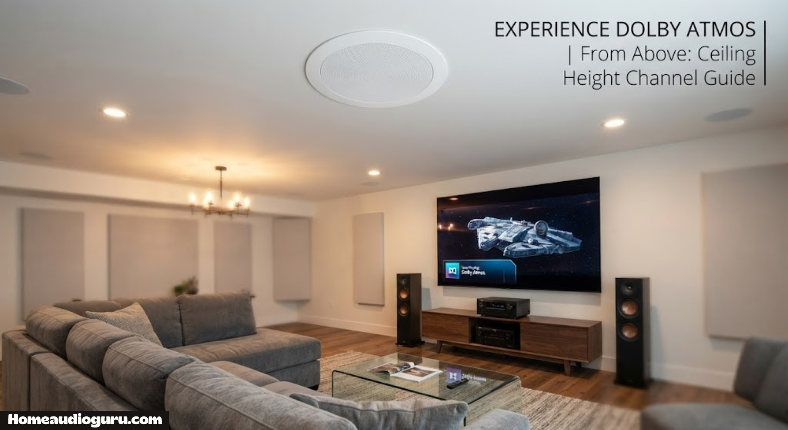 Ceiling-mounted speaker used for Dolby Atmos height channels in a living room