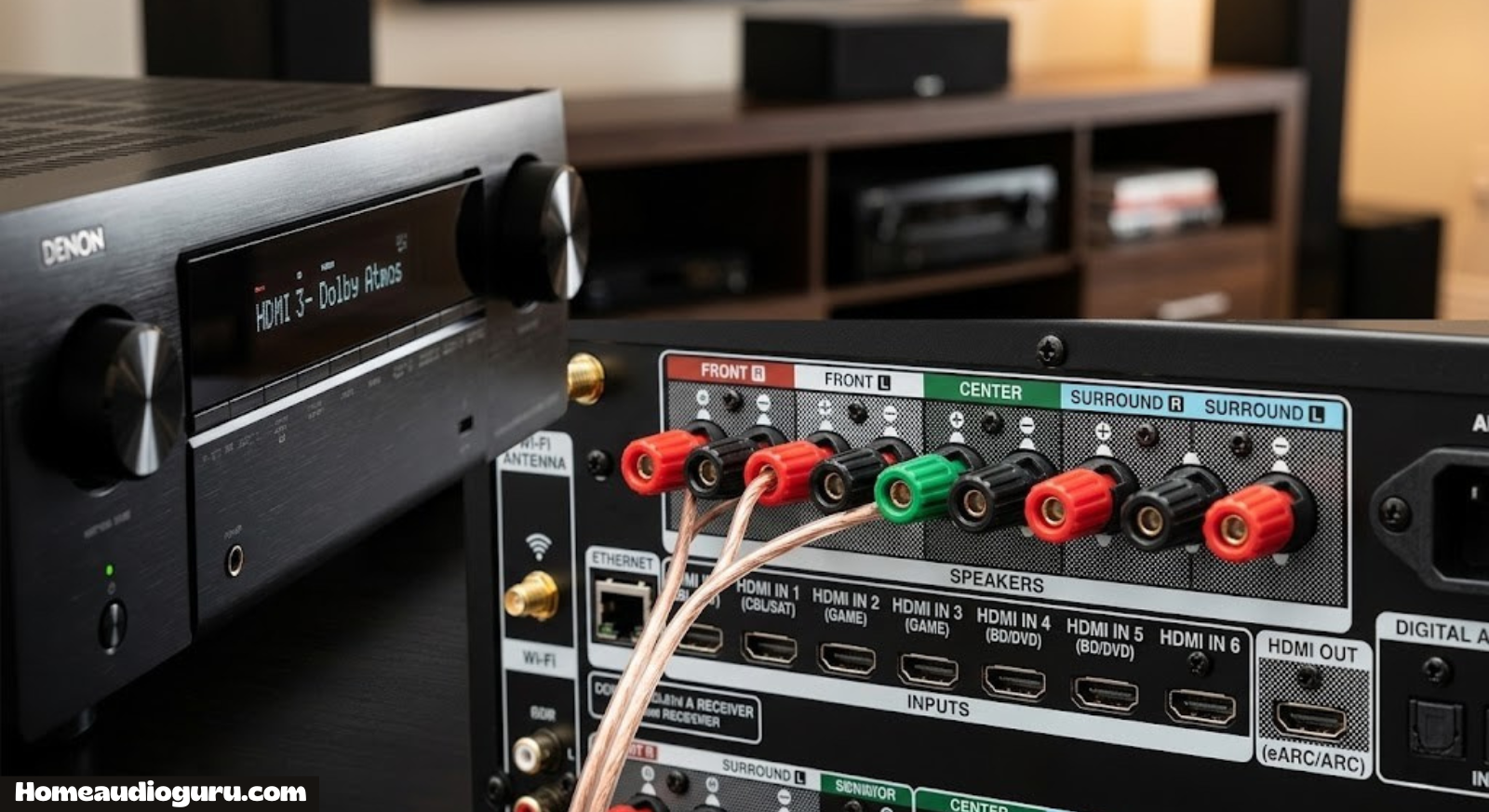 Close up of a home theater AV receiver front panel with speaker terminals and HDMI ports