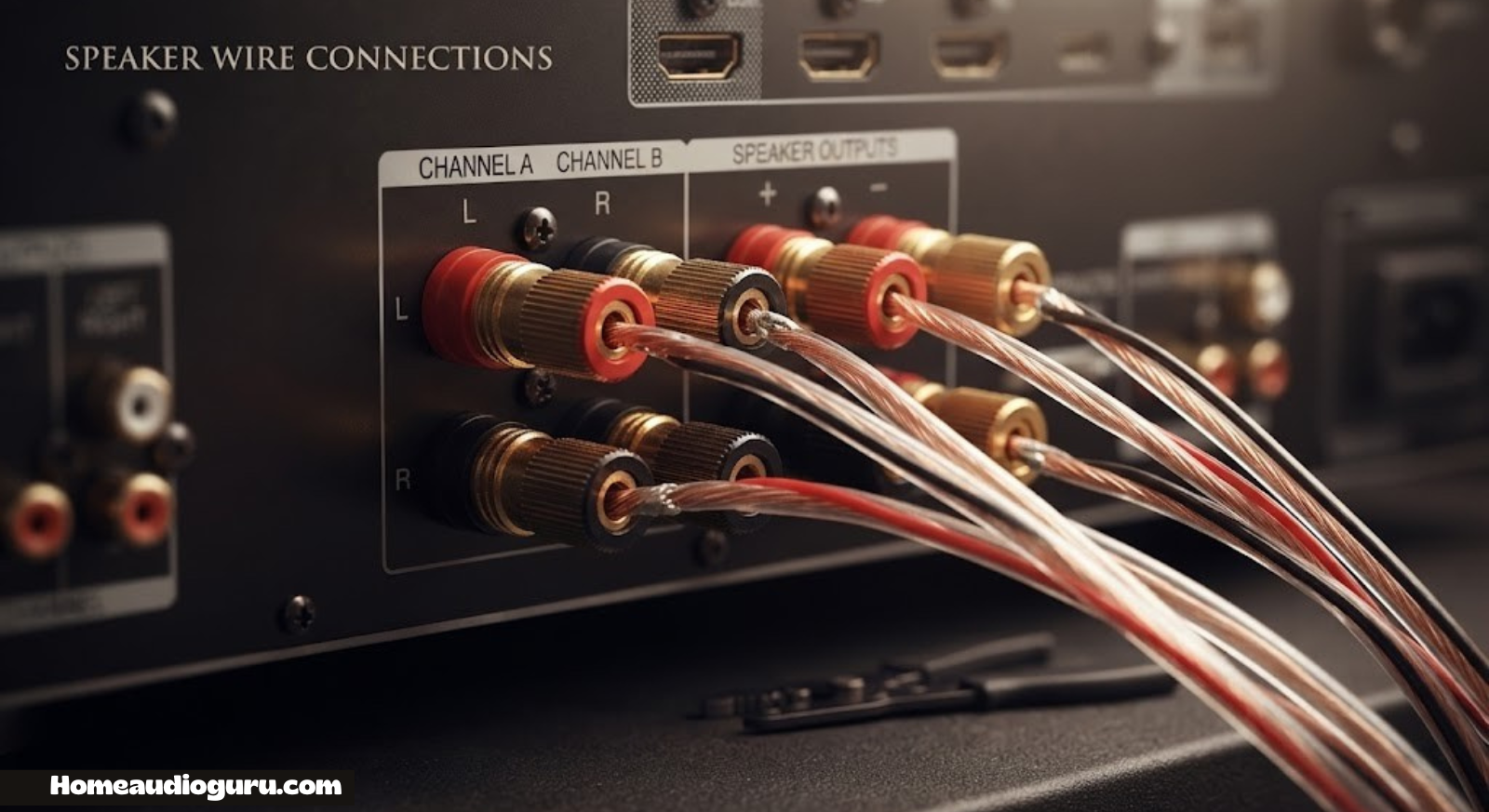 Close up of banana plugs, binding posts and color-coded speaker wire used to connect speakers to a receiver