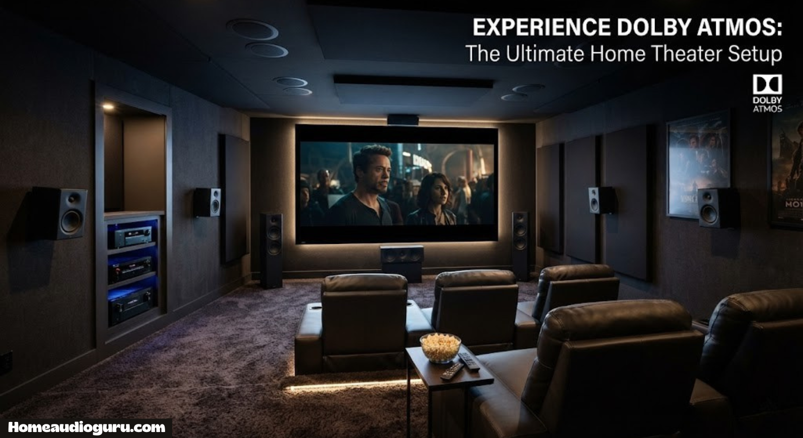 Home theater room with surround speakers and ceiling speakers representing Dolby Atmos setup