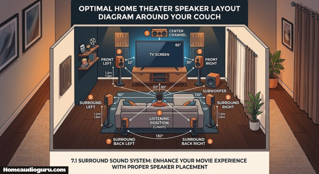 Home theater speaker layout diagram around a couch