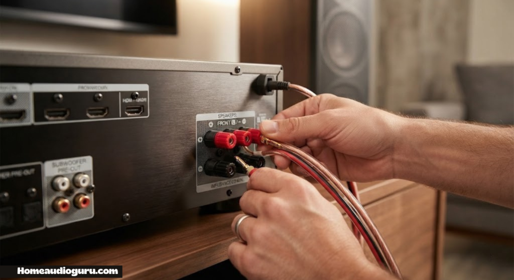 Speaker wires being connected to the binding posts on the back of an AV receiver